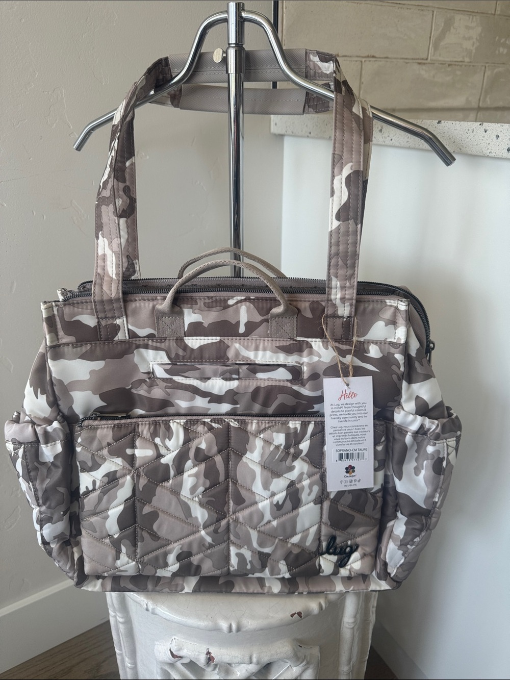 Lug Soprano Camo Taupe Quilted Tote Travel Every Day Bag Multi Zipper Pockets NW